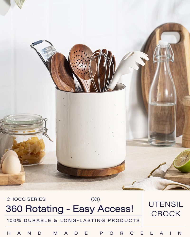 GET STAR 7.9" Extra Large Utensil Holder for Kitchen Counter, 360°Rotating Ceramic Utensils Crocks Utensil Organizer for Spatula Farmhouse Kitchen Decor - Image 2
